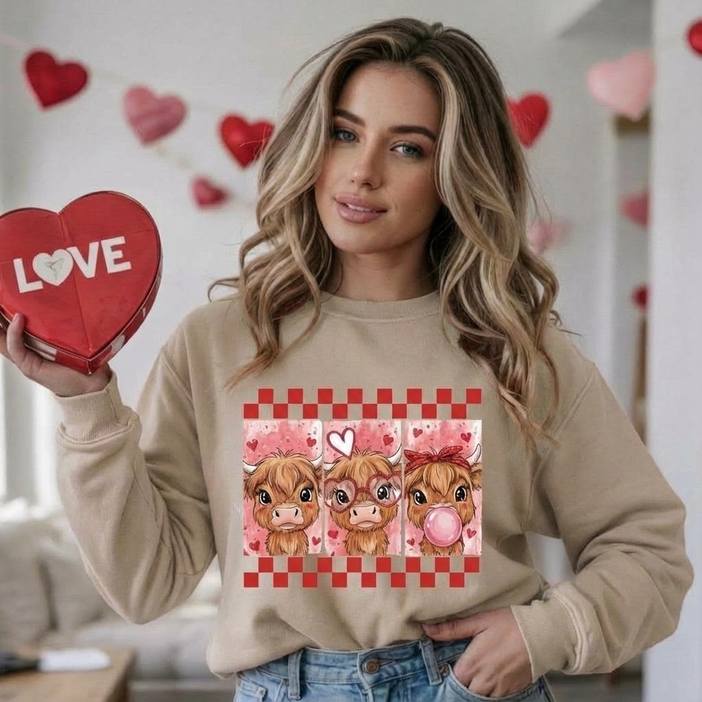 Valentine Highland Cow Crewneck – Cozy Valentine Sweatshirt