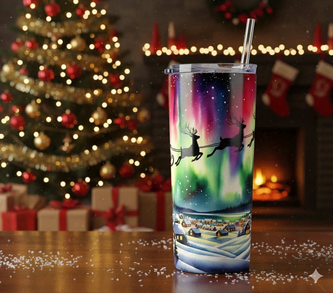 Santa’s Sleigh Under the Northern Lights – 20oz Christmas Tumbler