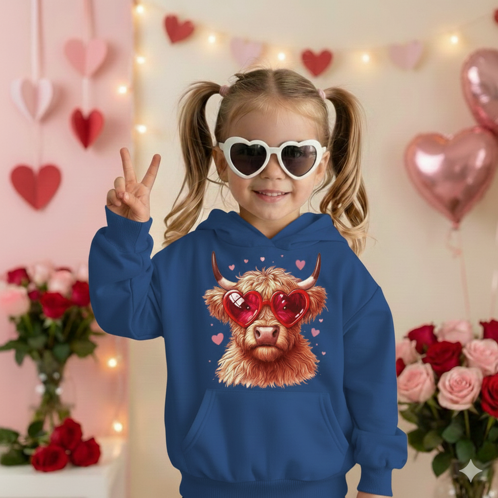 Valentine Highland Cow Kids Hoodie
