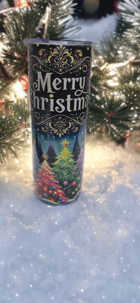 Merry Christmas 20oz Tumbler- Colorful Tree Holiday Design
