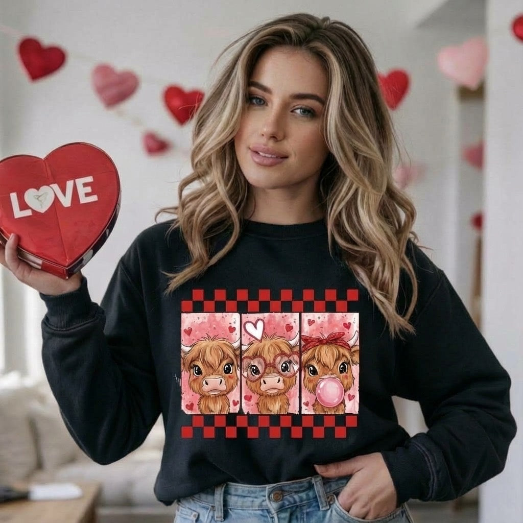 Valentine Highland Cow Crewneck – Cozy Valentine Sweatshirt