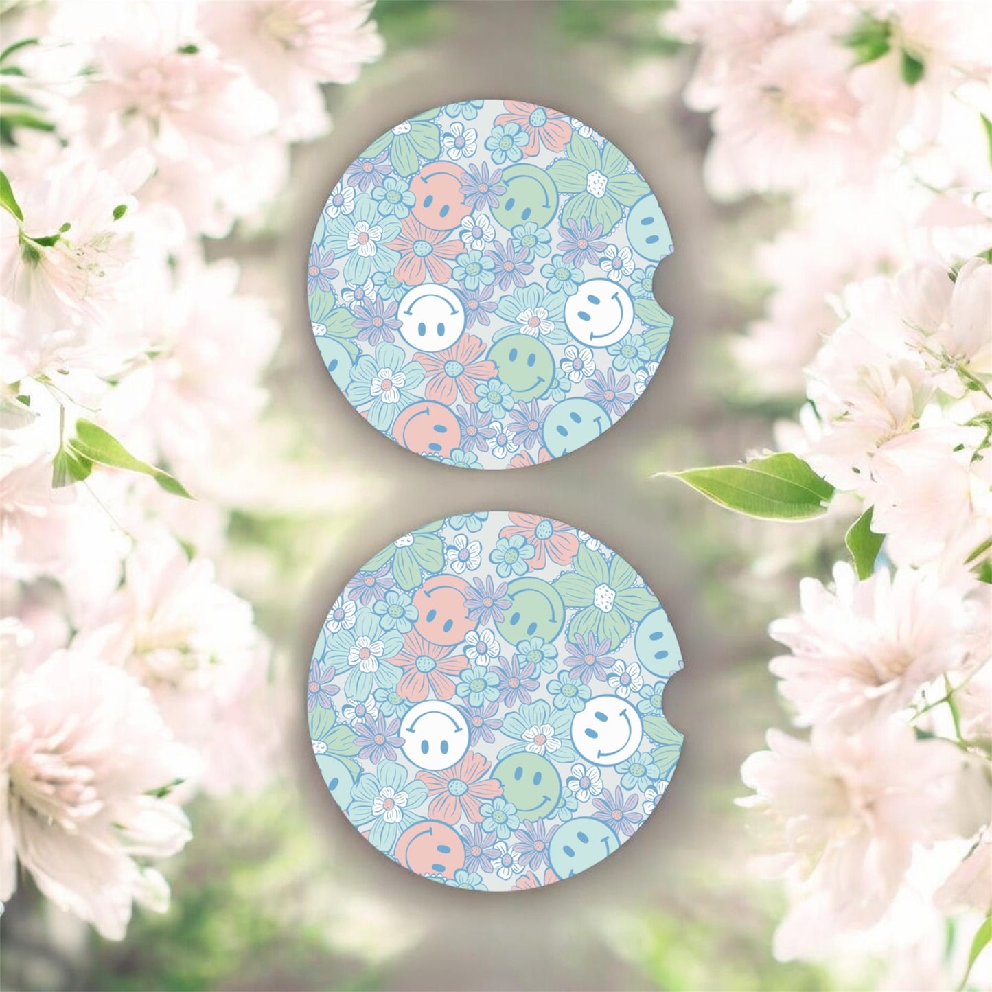 Retro Smiley Car Coasters – 2 Pack