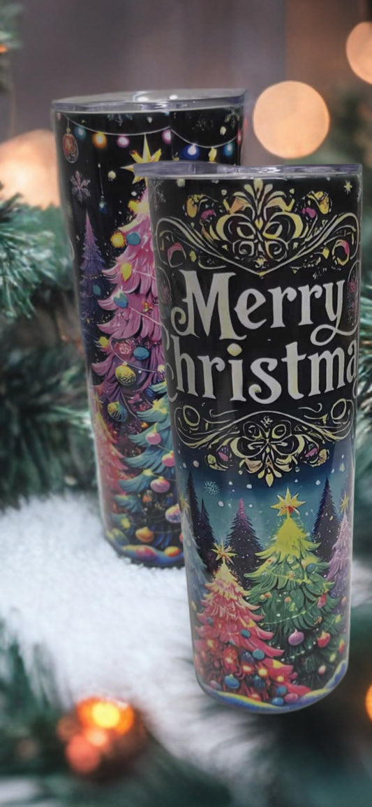 Merry Christmas 20oz Tumbler- Colorful Tree Holiday Design