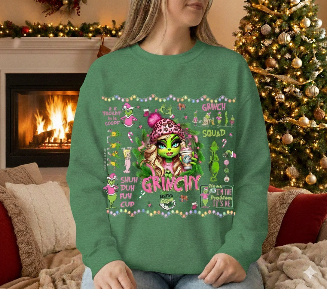 Female Grinch Crewneck – Festive Handcrafted Holiday Sweatshirt