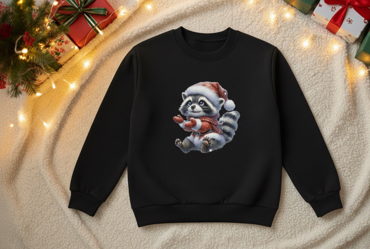 Santa Raccoon Kids Crewneck-Cute Christmas Pullover