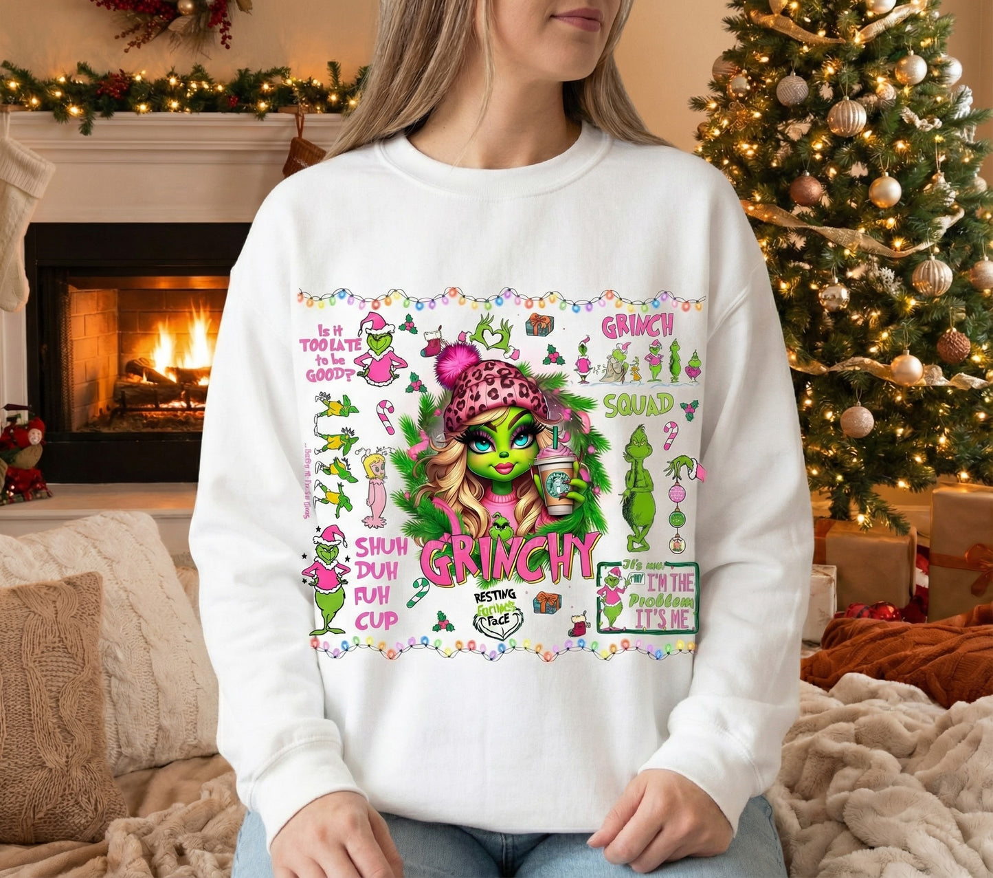 Female Grinch Crewneck – Festive Handcrafted Holiday Sweatshirt