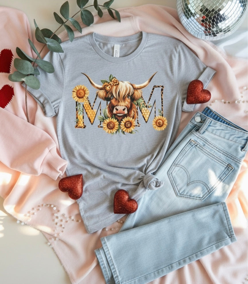 Sunflower Highland Cow Mom T-Shirt