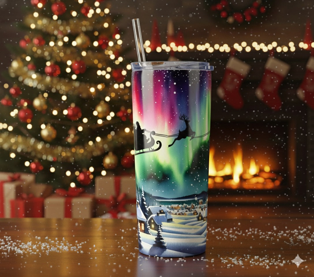 Santa’s Sleigh Under the Northern Lights – 20oz Christmas Tumbler