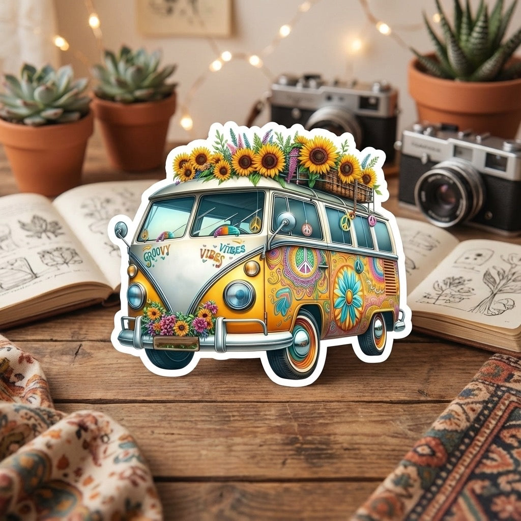 Hippie Sunflower Van Sticker – Small Vinyl Decal