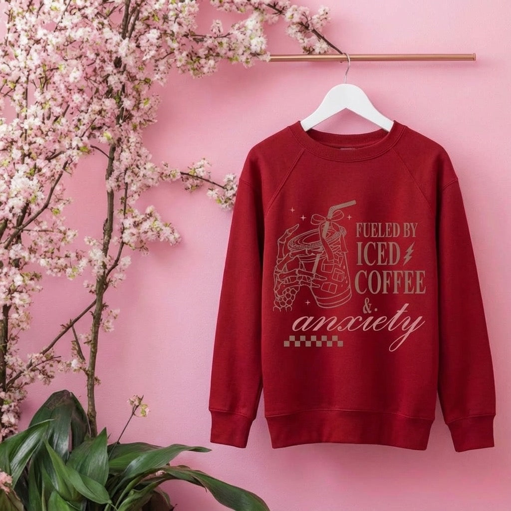 Fueled by Iced Coffee and Anxiety Crewneck – Funny Graphic Sweatshirt