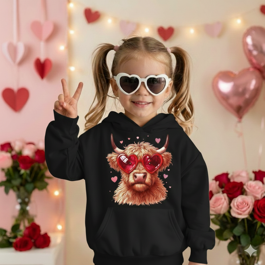 Valentine Highland Cow Kids Hoodie