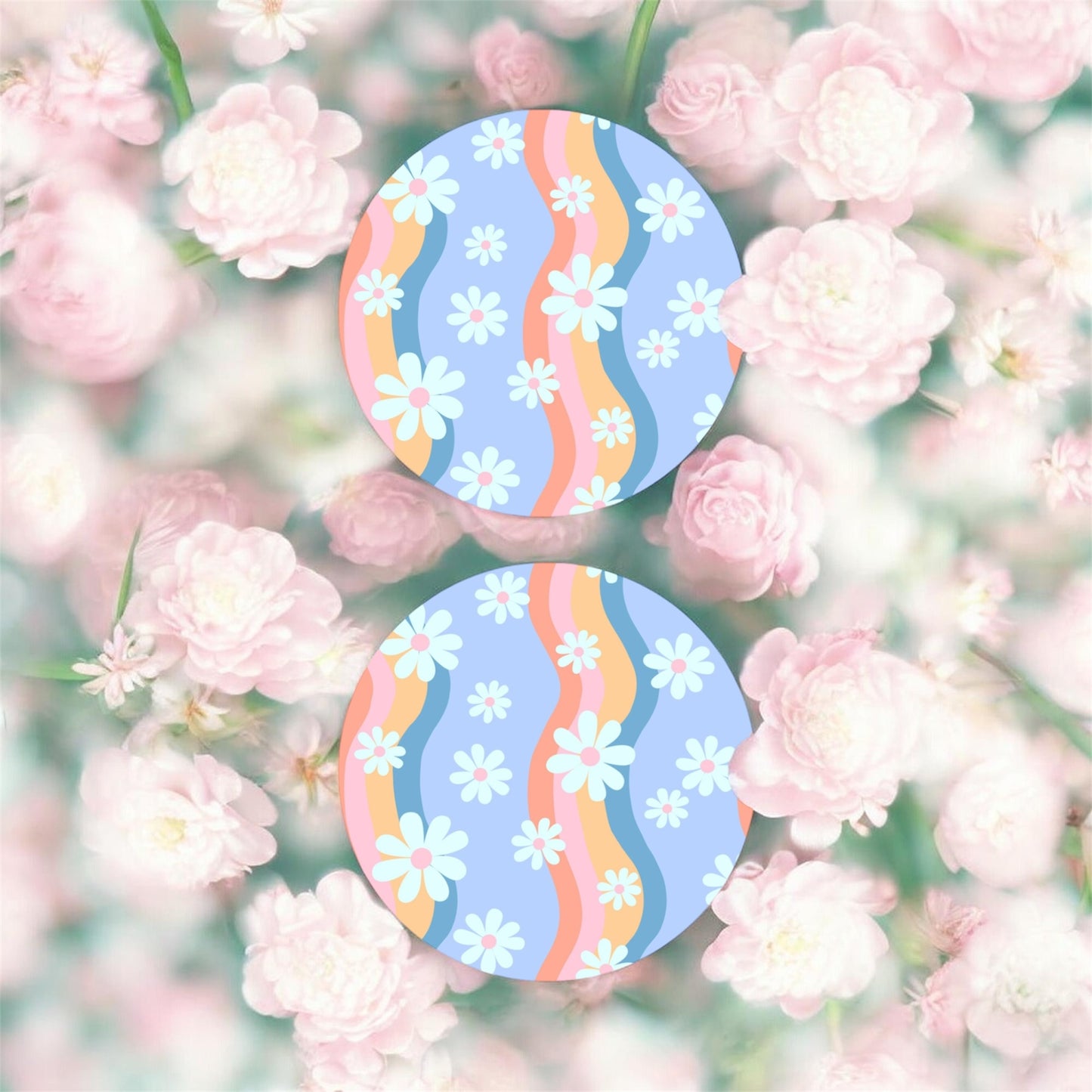 Retro Daisies Car Coasters – 2 Pack