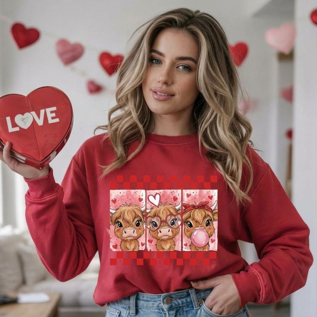 Valentine Highland Cow Crewneck – Cozy Valentine Sweatshirt