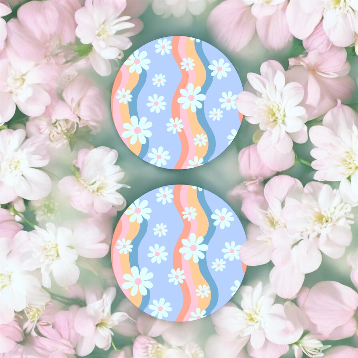 Retro Daisies Car Coasters – 2 Pack