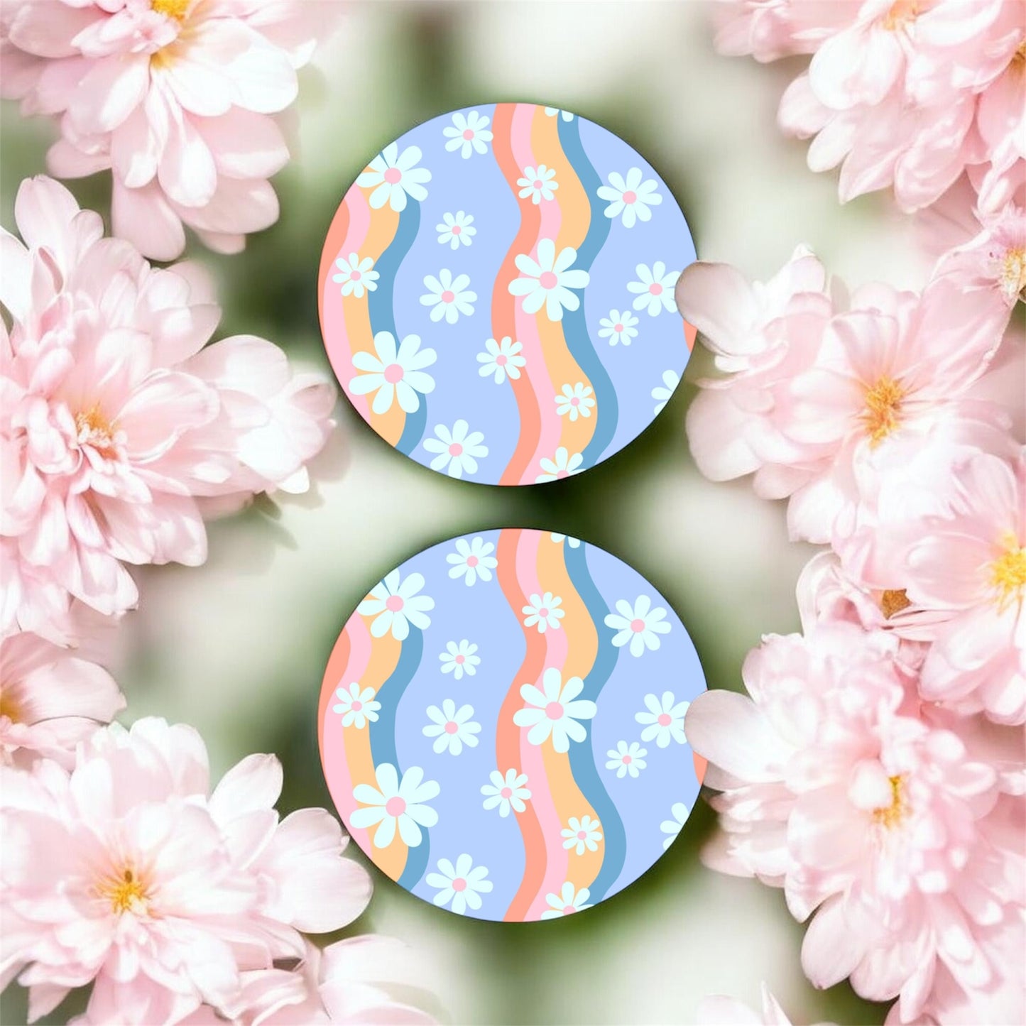 Retro Daisies Car Coasters – 2 Pack