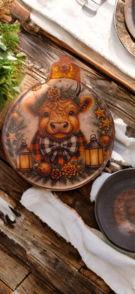 Highland Cow Christmas Ornaments – Set of 4 Rustic Holiday Ornaments
