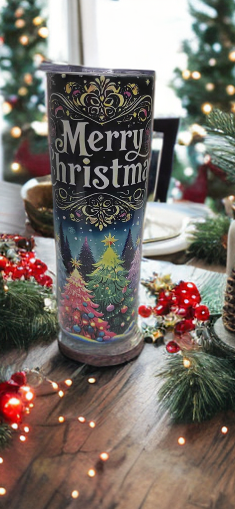Merry Christmas 20oz Tumbler- Colorful Tree Holiday Design
