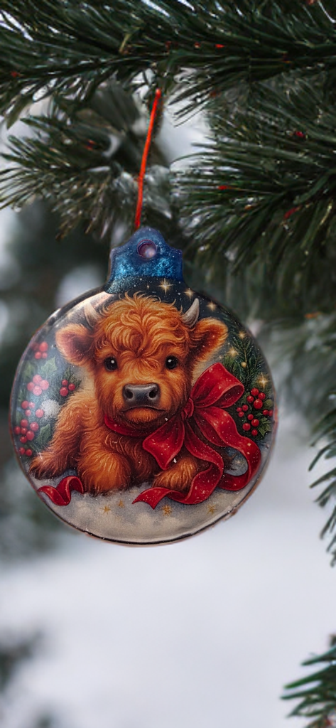 Highland Cow Christmas Ornaments – Set of 4 Rustic Holiday Ornaments