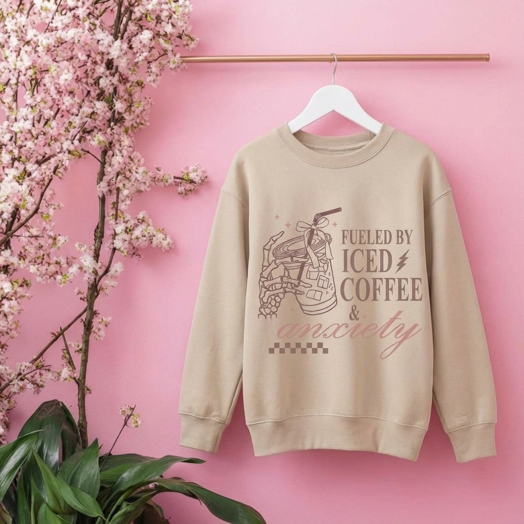 Fueled by Iced Coffee and Anxiety Crewneck – Funny Graphic Sweatshirt