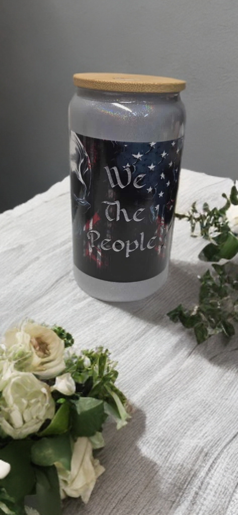 We The People Glass Drinking Cup With Straw - American Flag Patriotic