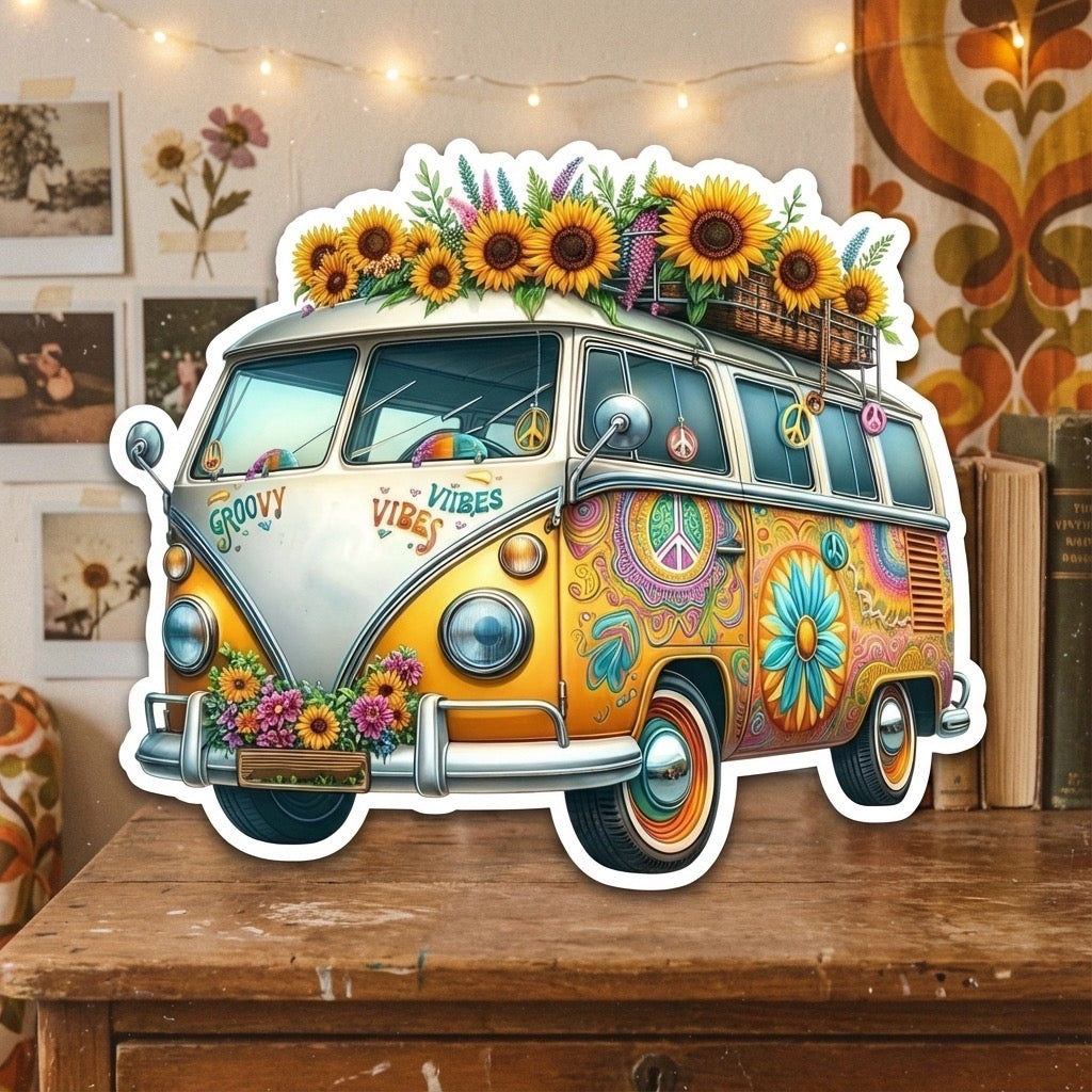 Hippie Sunflower Van Sticker – Small Vinyl Decal