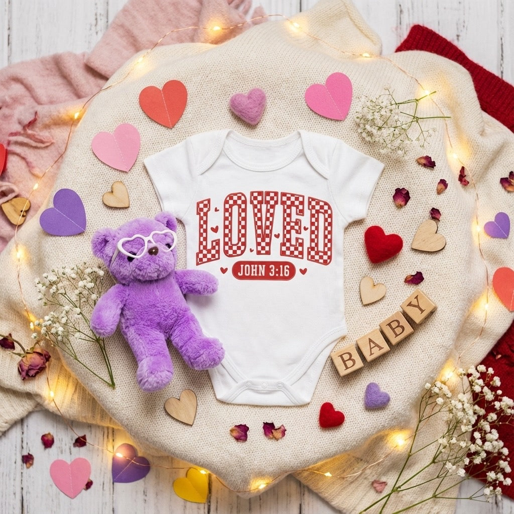 Loved – John 3:16 Valentine’s Baby Onesie