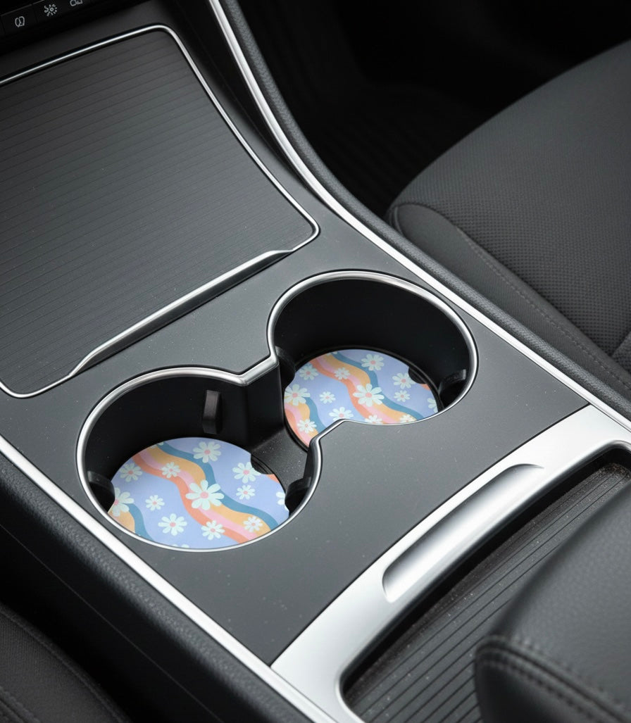 Retro Daisies Car Coasters – 2 Pack