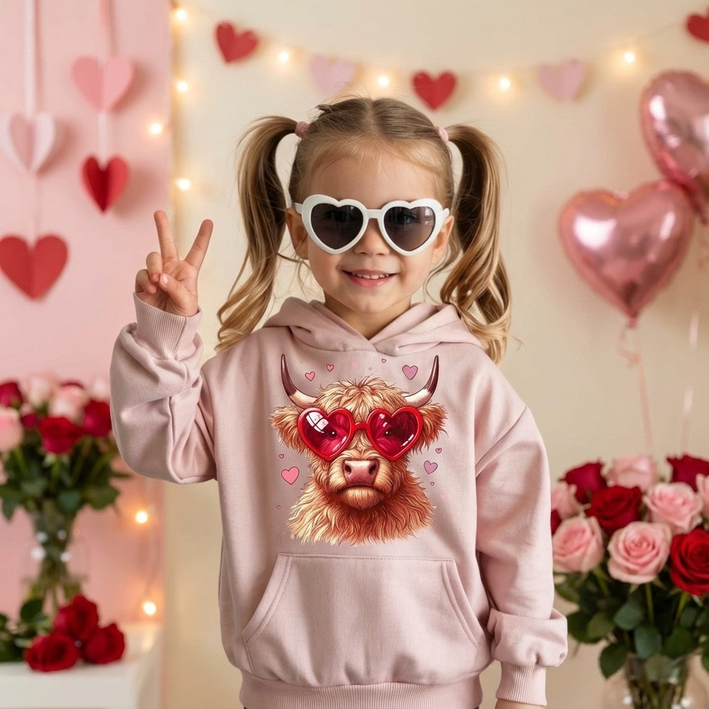 Valentine Highland Cow Kids Hoodie