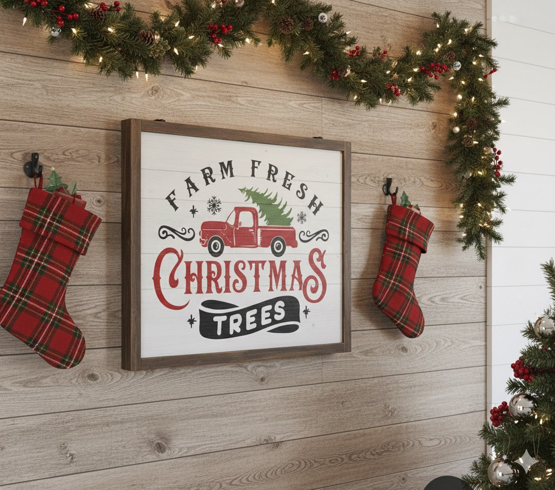 Farm Fresh Christmas Trees Wall Decor – Rustic Holiday Home Sign