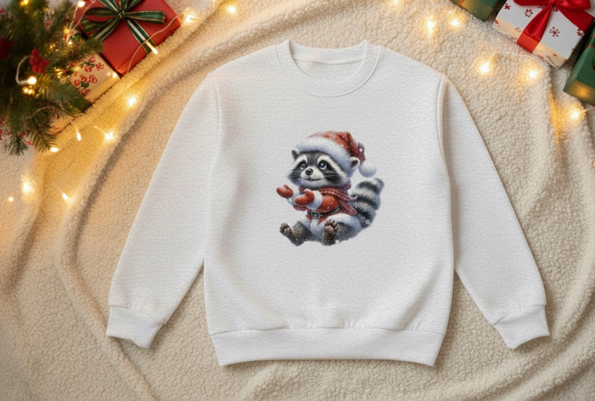Santa Raccoon Kids Crewneck-Cute Christmas Pullover