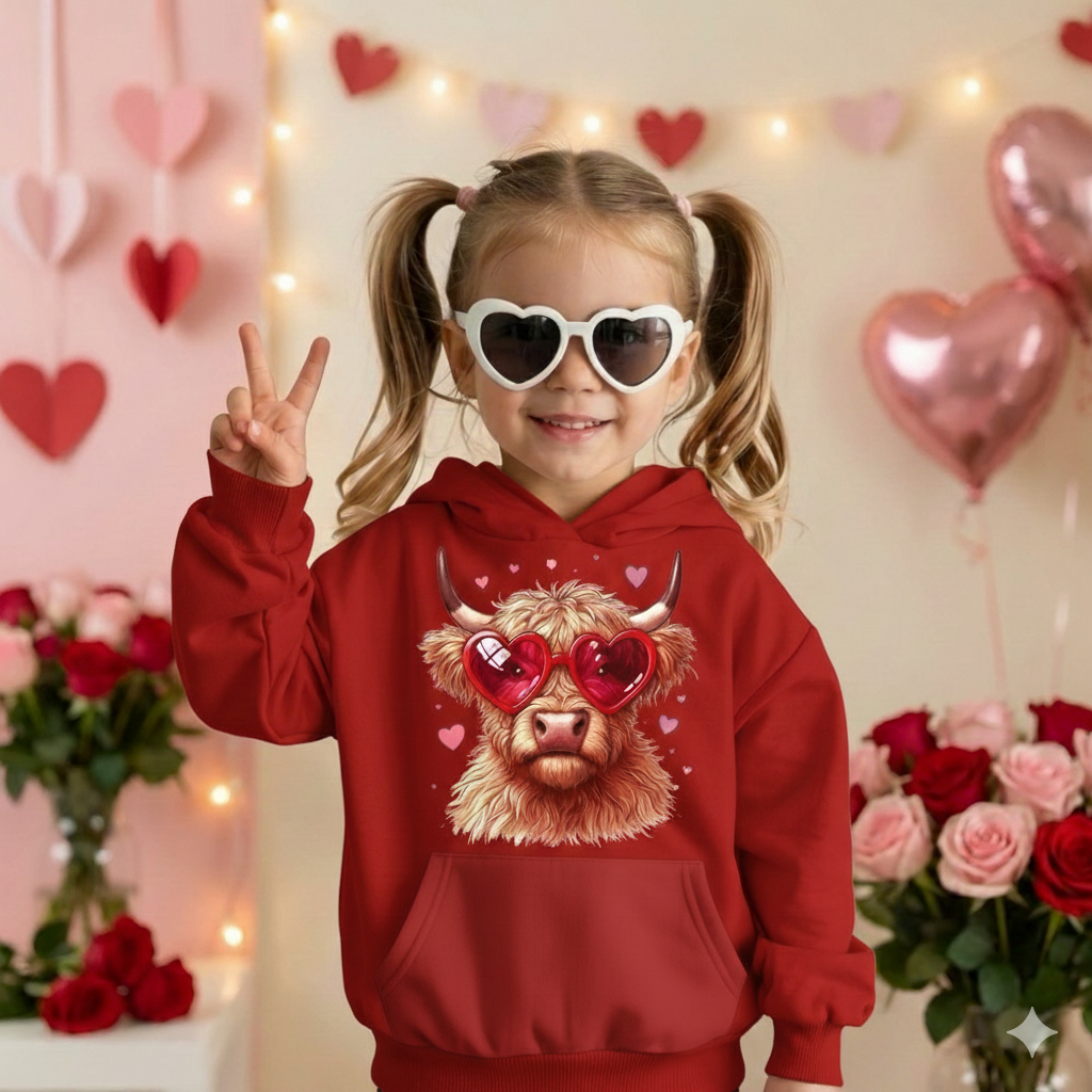 Valentine Highland Cow Kids Hoodie