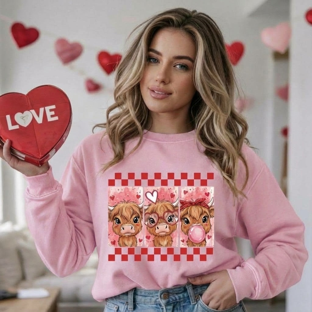 Valentine Highland Cow Crewneck – Cozy Valentine Sweatshirt