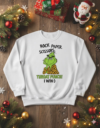 Rock Paper Scissors Throat Punch Grinch Crewneck | Funny Christmas Sweatshirt