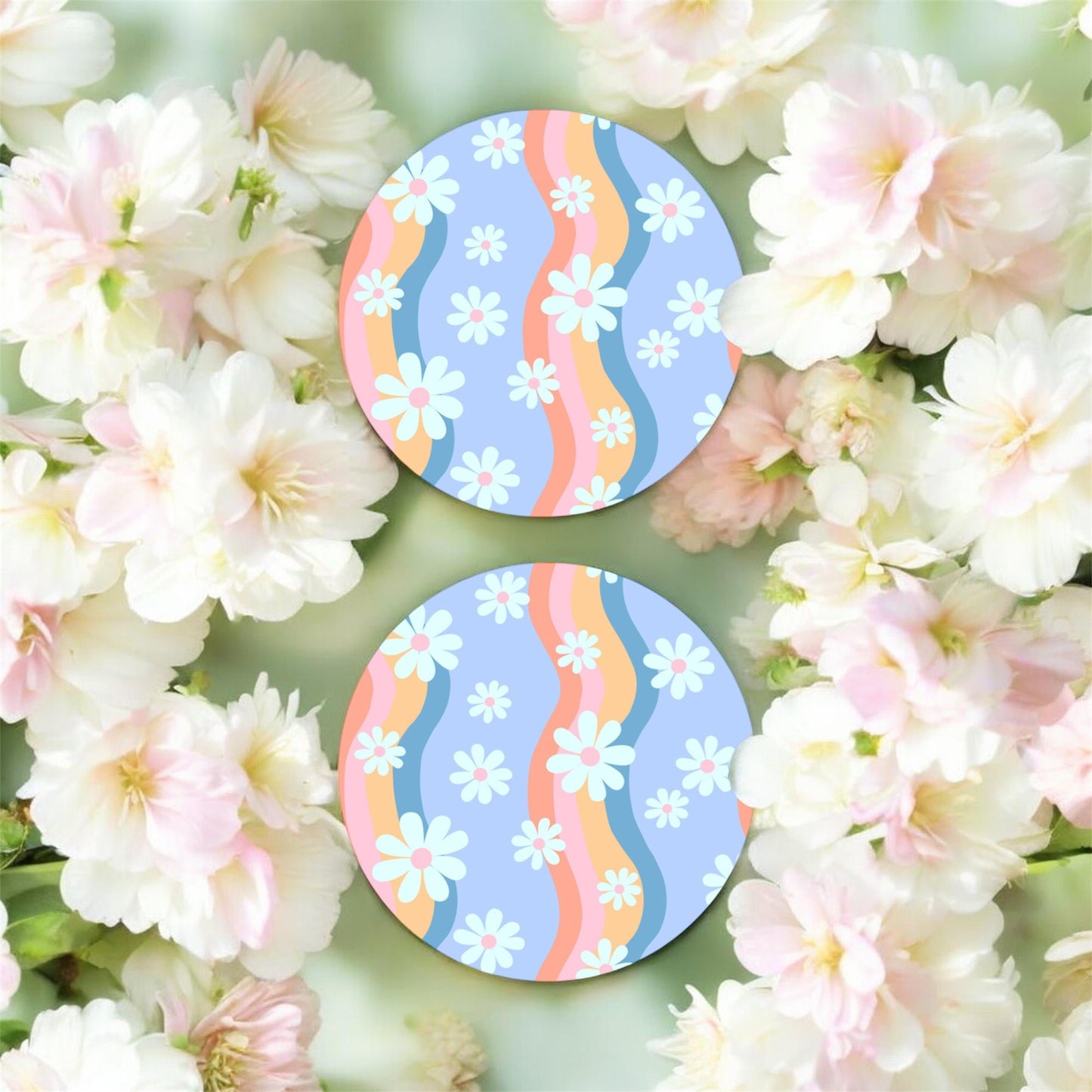 Retro Daisies Car Coasters – 2 Pack