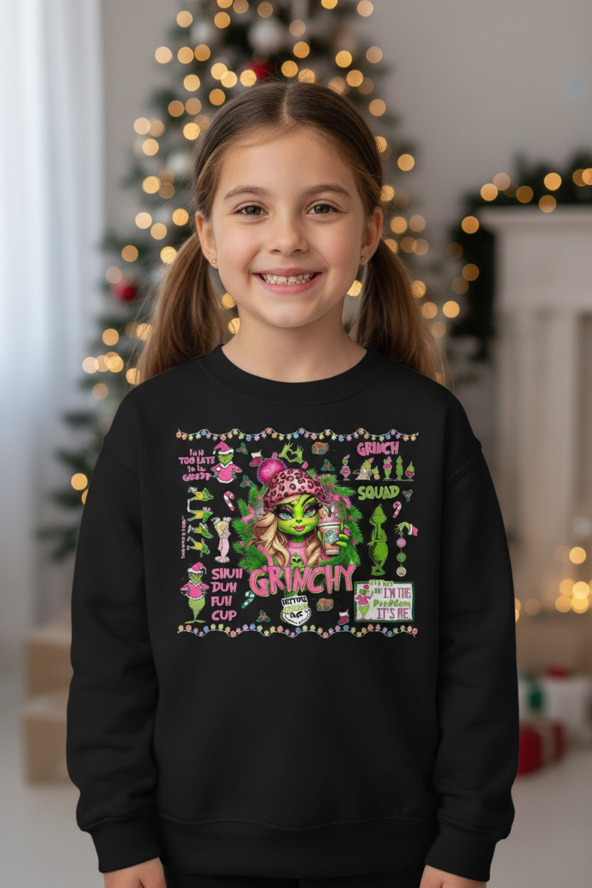 Kids Female Grinch Crewneck - Festive Holiday Sweatshirt