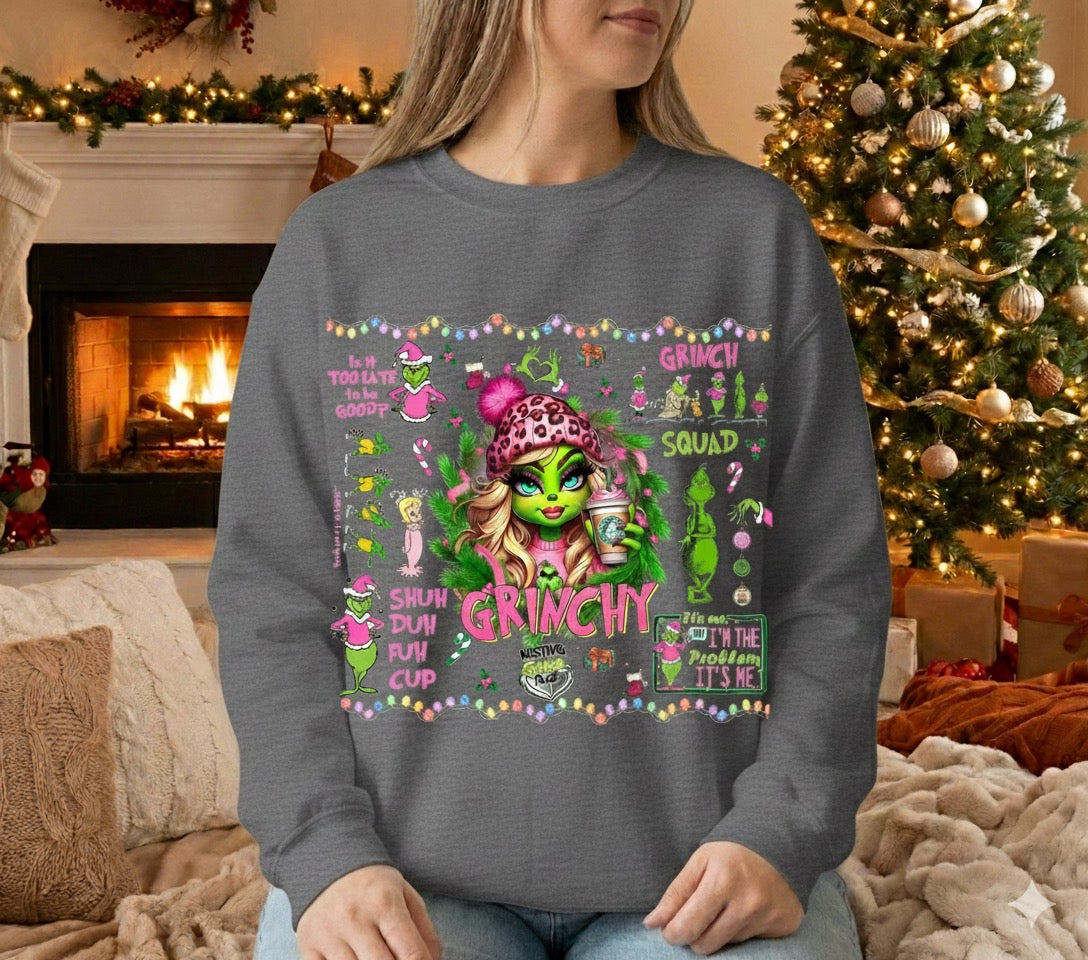 Female Grinch Crewneck – Festive Handcrafted Holiday Sweatshirt