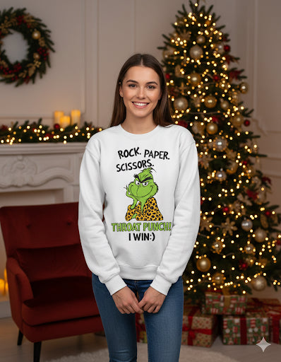 Rock Paper Scissors Throat Punch Grinch Crewneck | Funny Christmas Sweatshirt