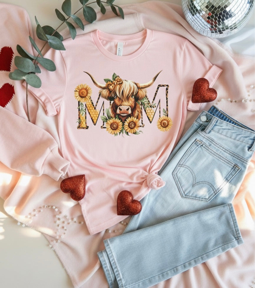 Sunflower Highland Cow Mom T-Shirt