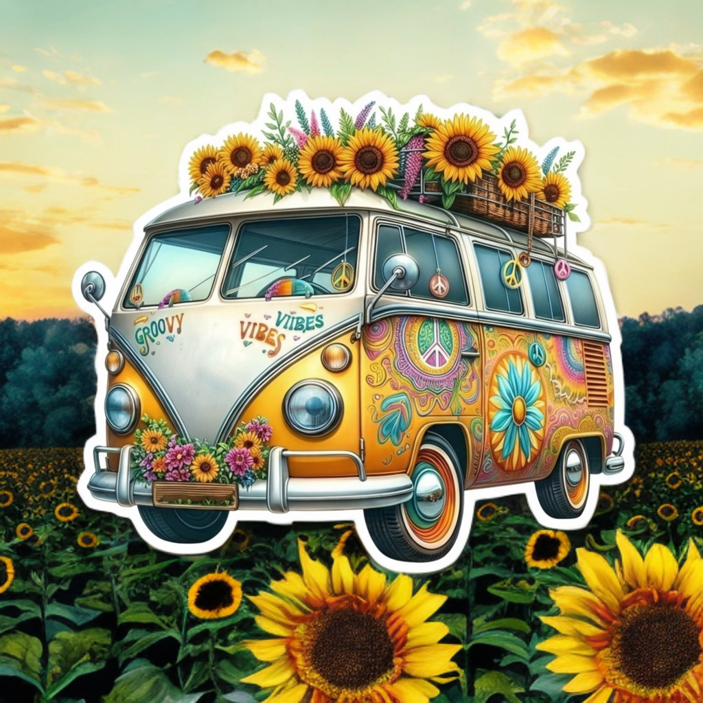 Hippie Sunflower Van Sticker – Small Vinyl Decal