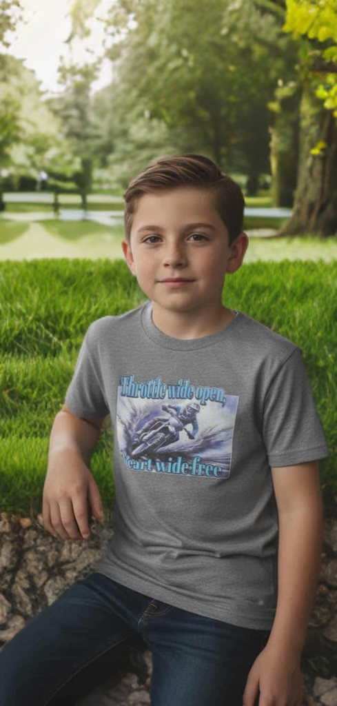 Throttle Wide Open, Heart Wide Free Kids Shirt – Adventure Graphic Tee