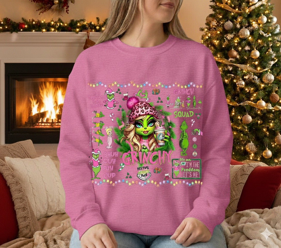 Female Grinch Crewneck – Festive Handcrafted Holiday Sweatshirt