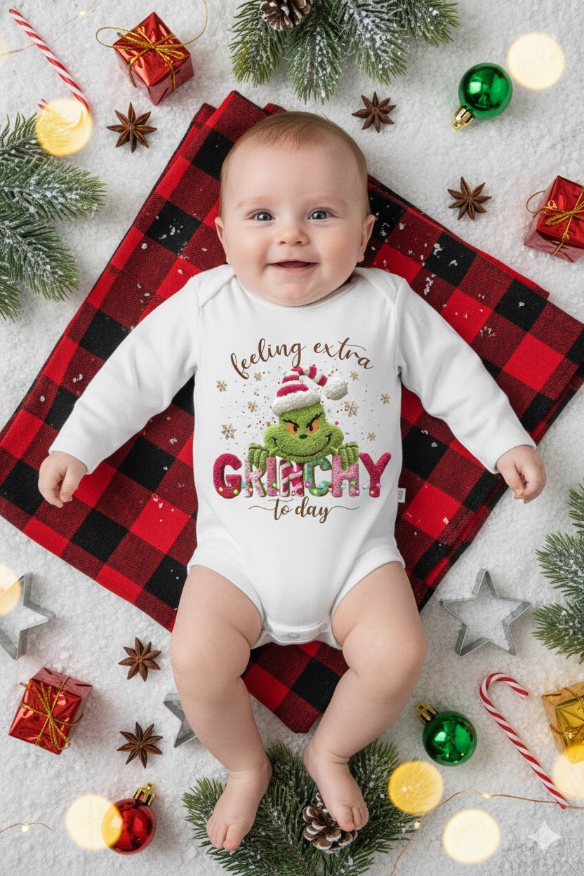 “Feeling Extra Grinchy” Baby Onesie – Funny Holiday Outfit