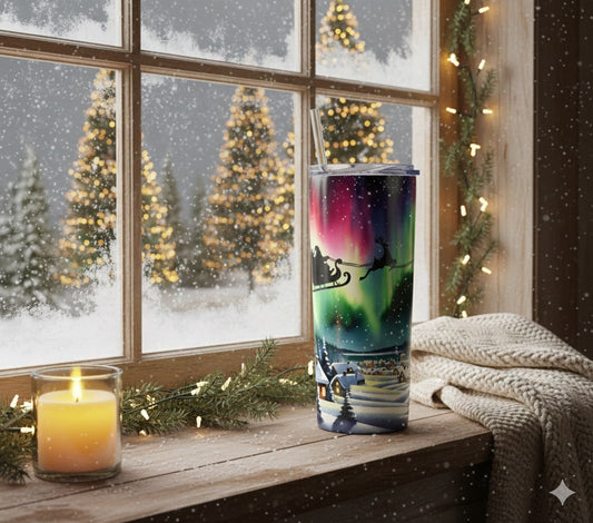 Santa’s Sleigh Under the Northern Lights – 20oz Christmas Tumbler