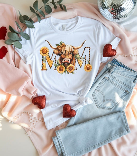 Sunflower Highland Cow Mom T-Shirt