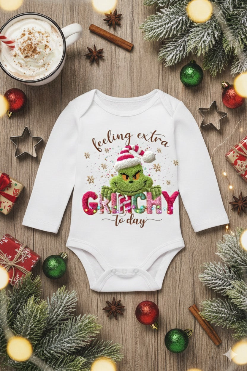 “Feeling Extra Grinchy” Baby Onesie – Funny Holiday Outfit