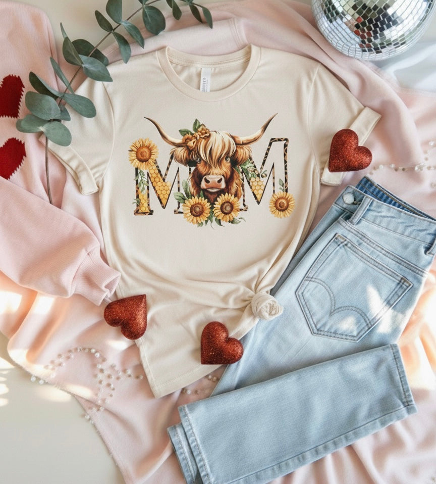 Sunflower Highland Cow Mom T-Shirt
