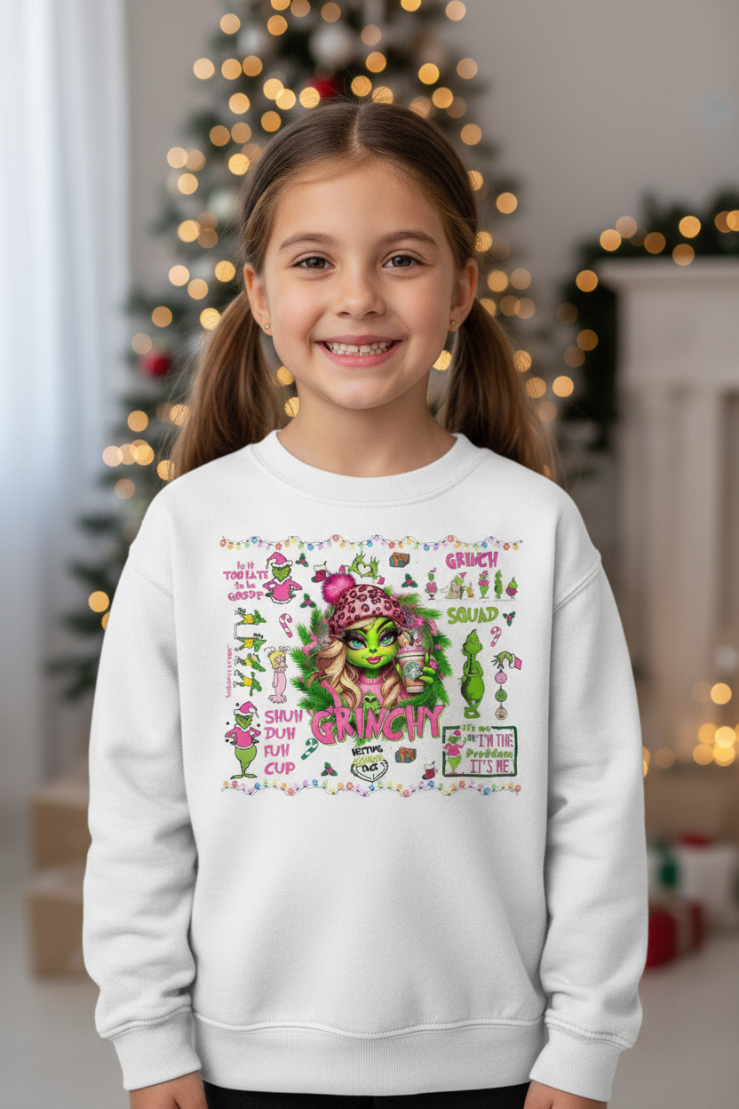 Kids Female Grinch Crewneck - Festive Holiday Sweatshirt