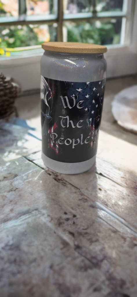 We The People Glass Drinking Cup With Straw - American Flag Patriotic