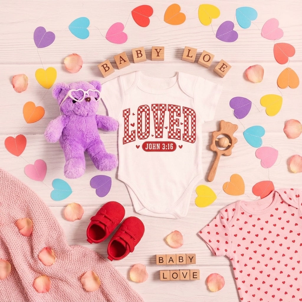 Loved – John 3:16 Valentine’s Baby Onesie
