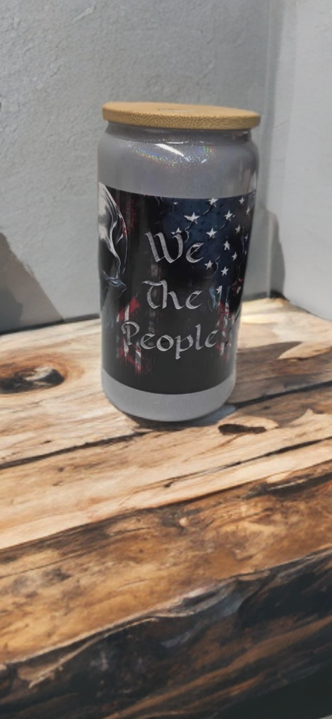 We The People Glass Drinking Cup With Straw - American Flag Patriotic